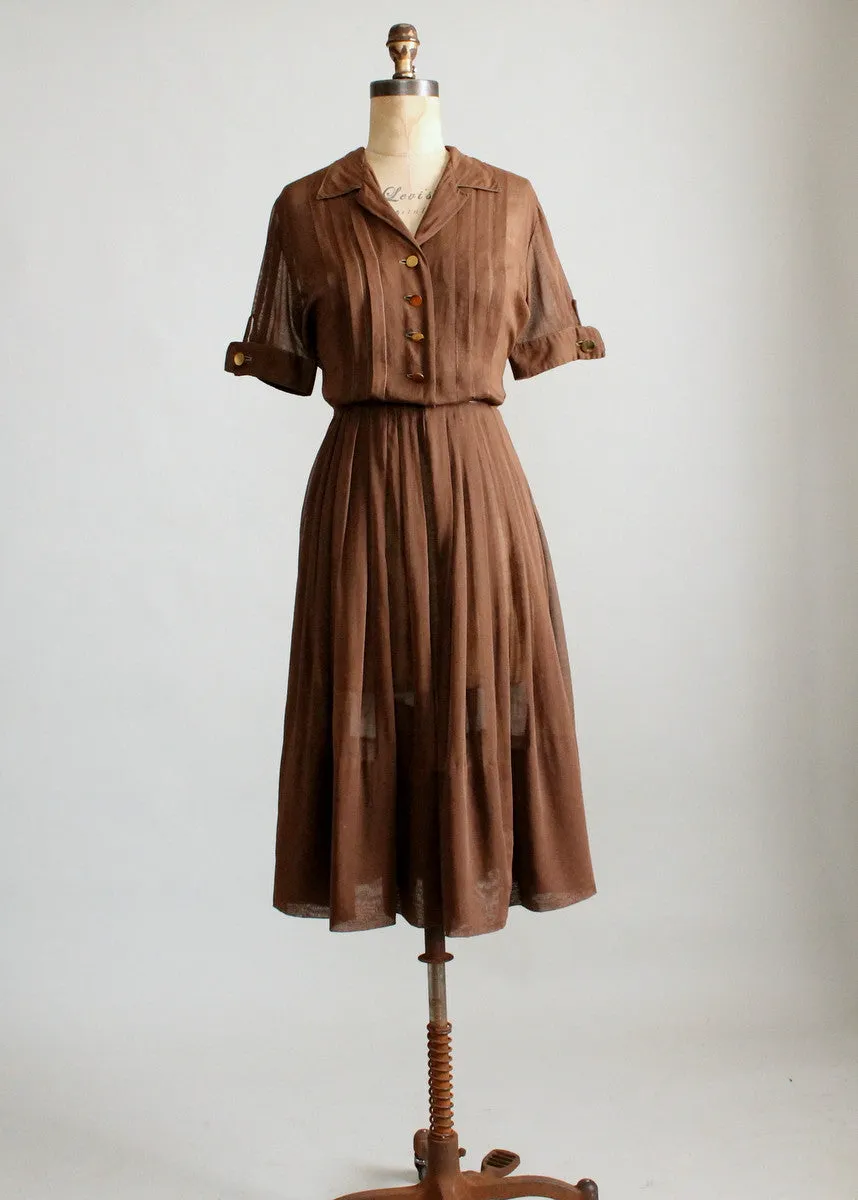 Vintage 1950s Sheer Brown Cotton Shirt Dress