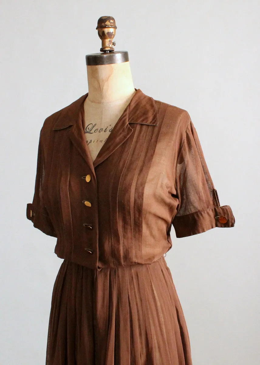 Vintage 1950s Sheer Brown Cotton Shirt Dress