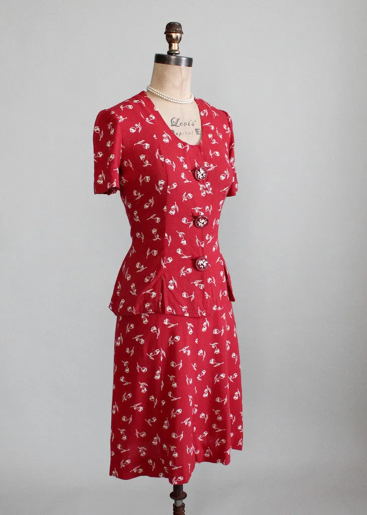 Vintage Late 1930s Red Rose Bud Suit