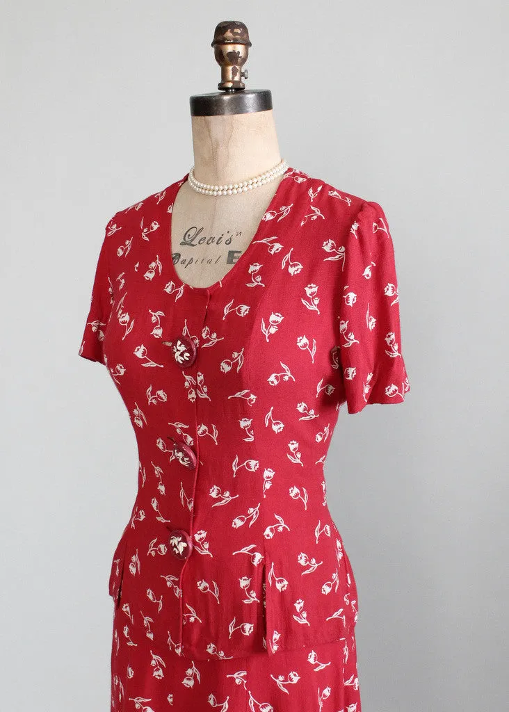 Vintage Late 1930s Red Rose Bud Suit