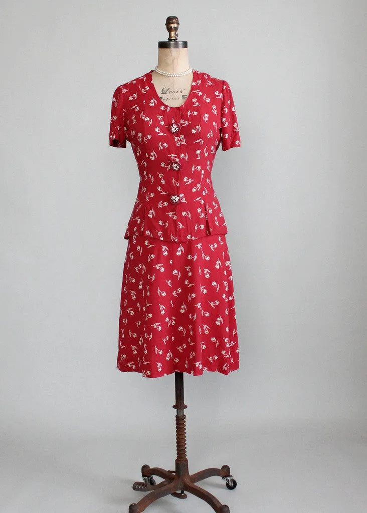 Vintage Late 1930s Red Rose Bud Suit