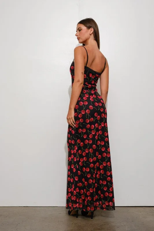 Waitlist 12/18 ♥ Bree Sleeveless Cherry Print Mesh Maxi Dress Black