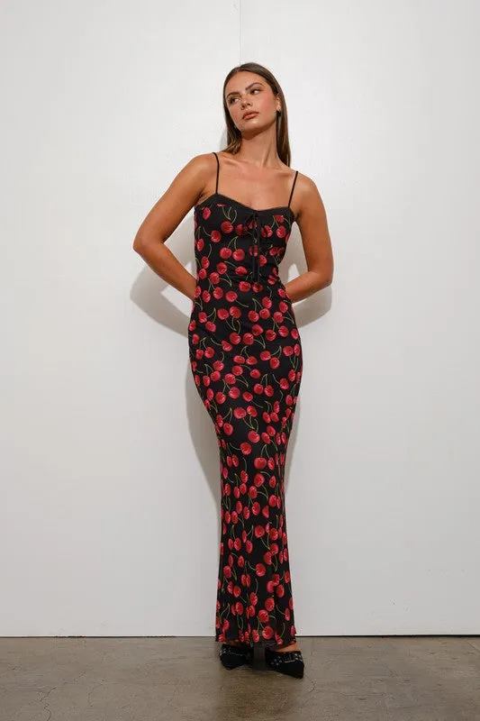 Waitlist 12/18 ♥ Bree Sleeveless Cherry Print Mesh Maxi Dress Black