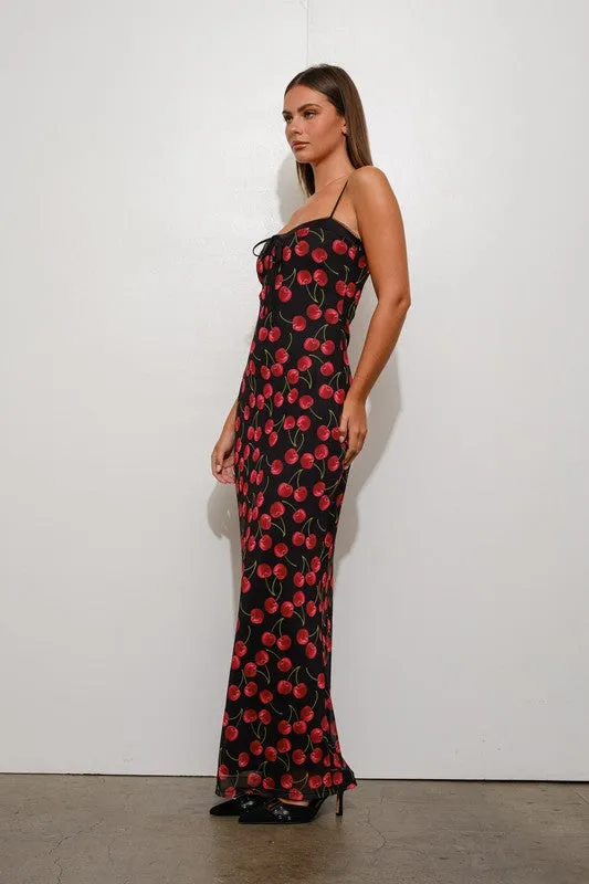 Waitlist 12/18 ♥ Bree Sleeveless Cherry Print Mesh Maxi Dress Black