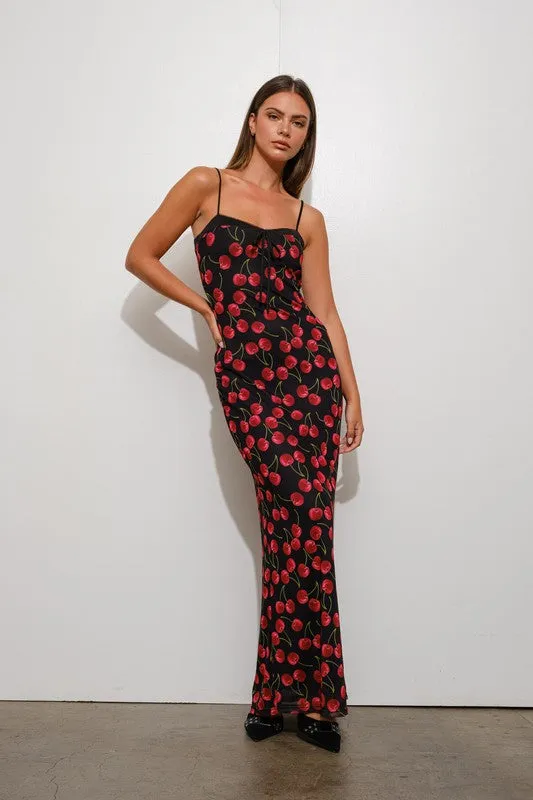 Waitlist 12/18 ♥ Bree Sleeveless Cherry Print Mesh Maxi Dress Black