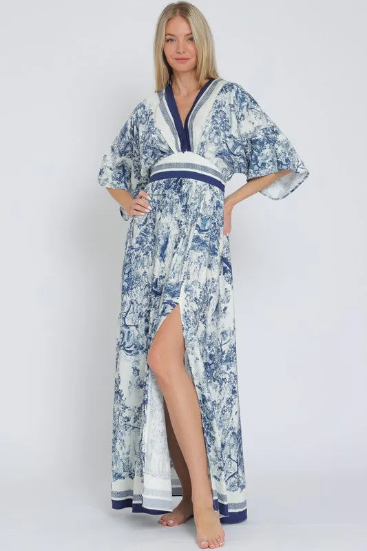 Waitlist 2/5 ♥ Rhiannon Kimono Sleeve Printed Maxi Dress Navy