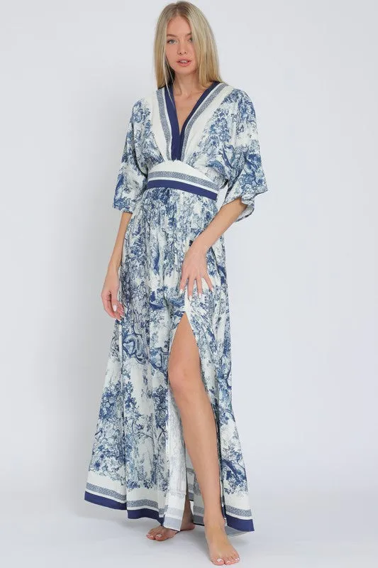 Waitlist 2/5 ♥ Rhiannon Kimono Sleeve Printed Maxi Dress Navy