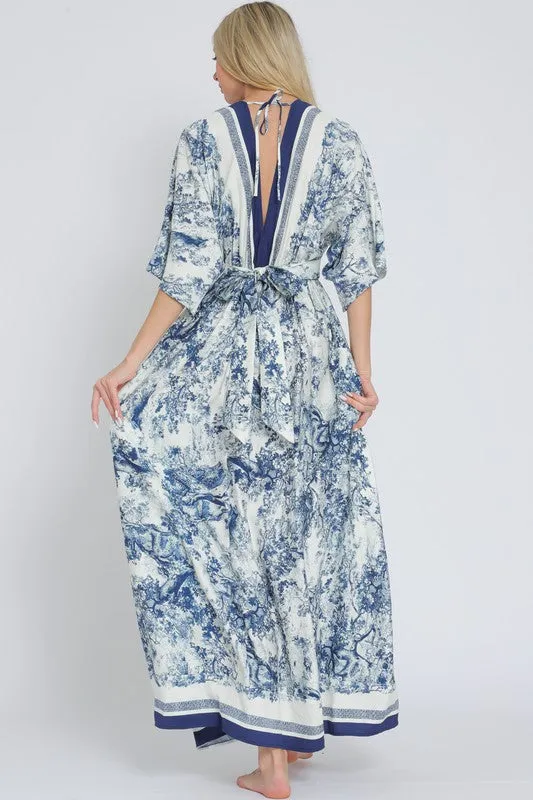 Waitlist 2/5 ♥ Rhiannon Kimono Sleeve Printed Maxi Dress Navy