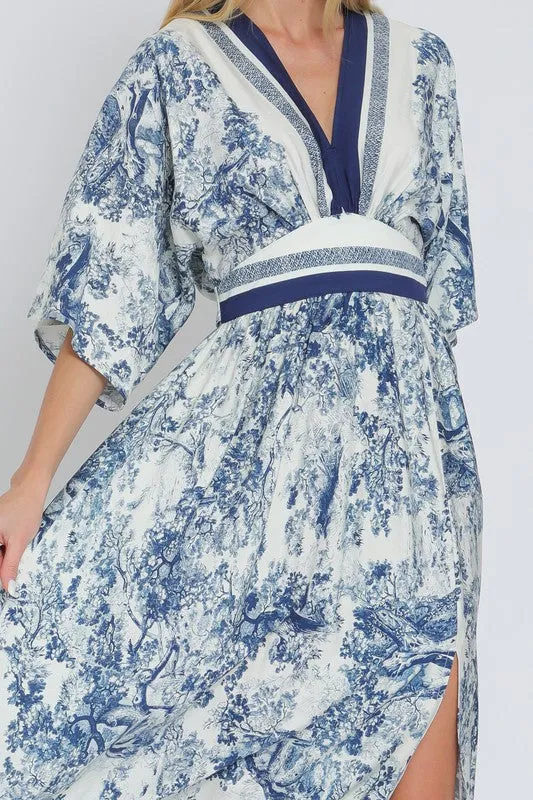 Waitlist 2/5 ♥ Rhiannon Kimono Sleeve Printed Maxi Dress Navy