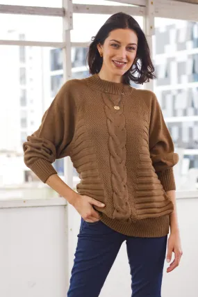 Warm Brown Braided Detail Alpaca Blend Sweater from Peru - Braided Sepia | NOVICA