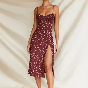 Wine Floral Dress Women Prairie Chic Spaghetti Strap Backless Chest Draped Lace Up Side Split Sexy Long Dress