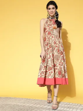 Women Beige & Pink Mugal Floral Jaal Printed Pure Cotton Fit & Flare Dress