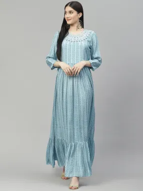 Women Blue Muslin Flared Gown