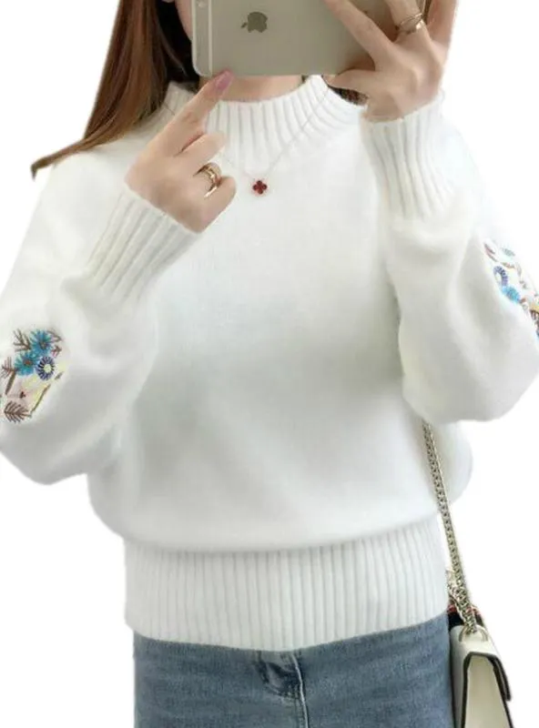 Women Embroidery Turtleneck Sweater Long Sleeve Knit