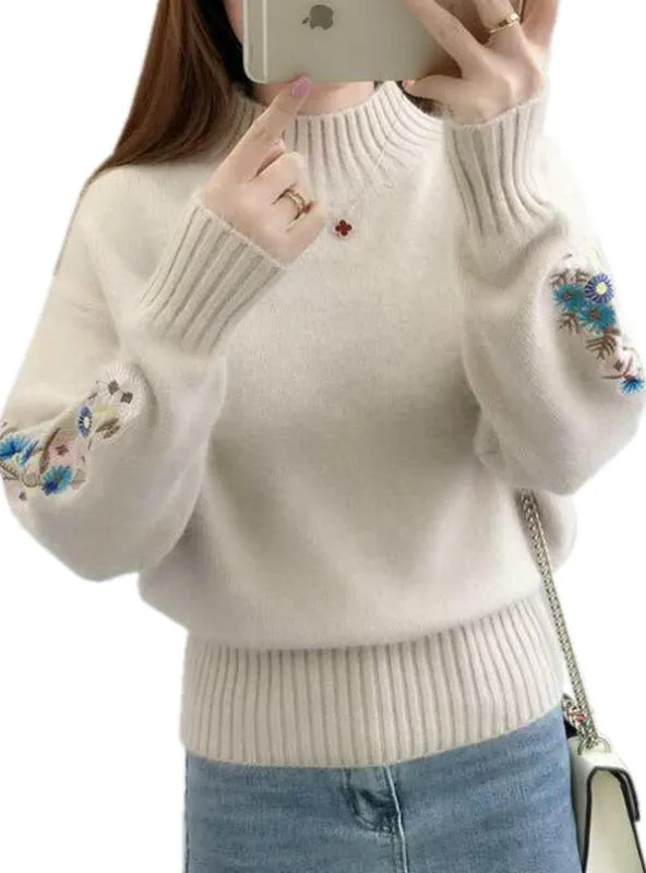 Women Embroidery Turtleneck Sweater Long Sleeve Knit