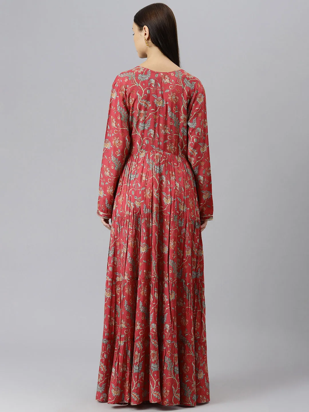 Women Maroon Floral Printed Muslin Flared Gown