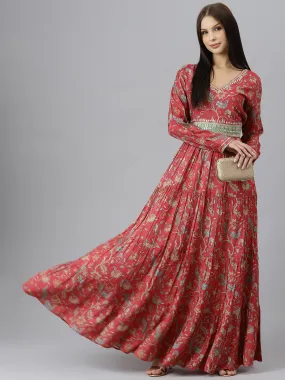 Women Maroon Floral Printed Muslin Flared Gown