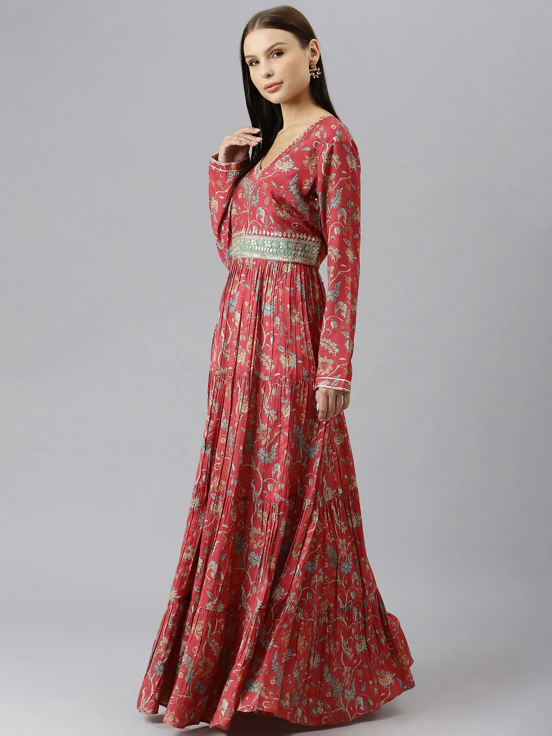 Women Maroon Floral Printed Muslin Flared Gown