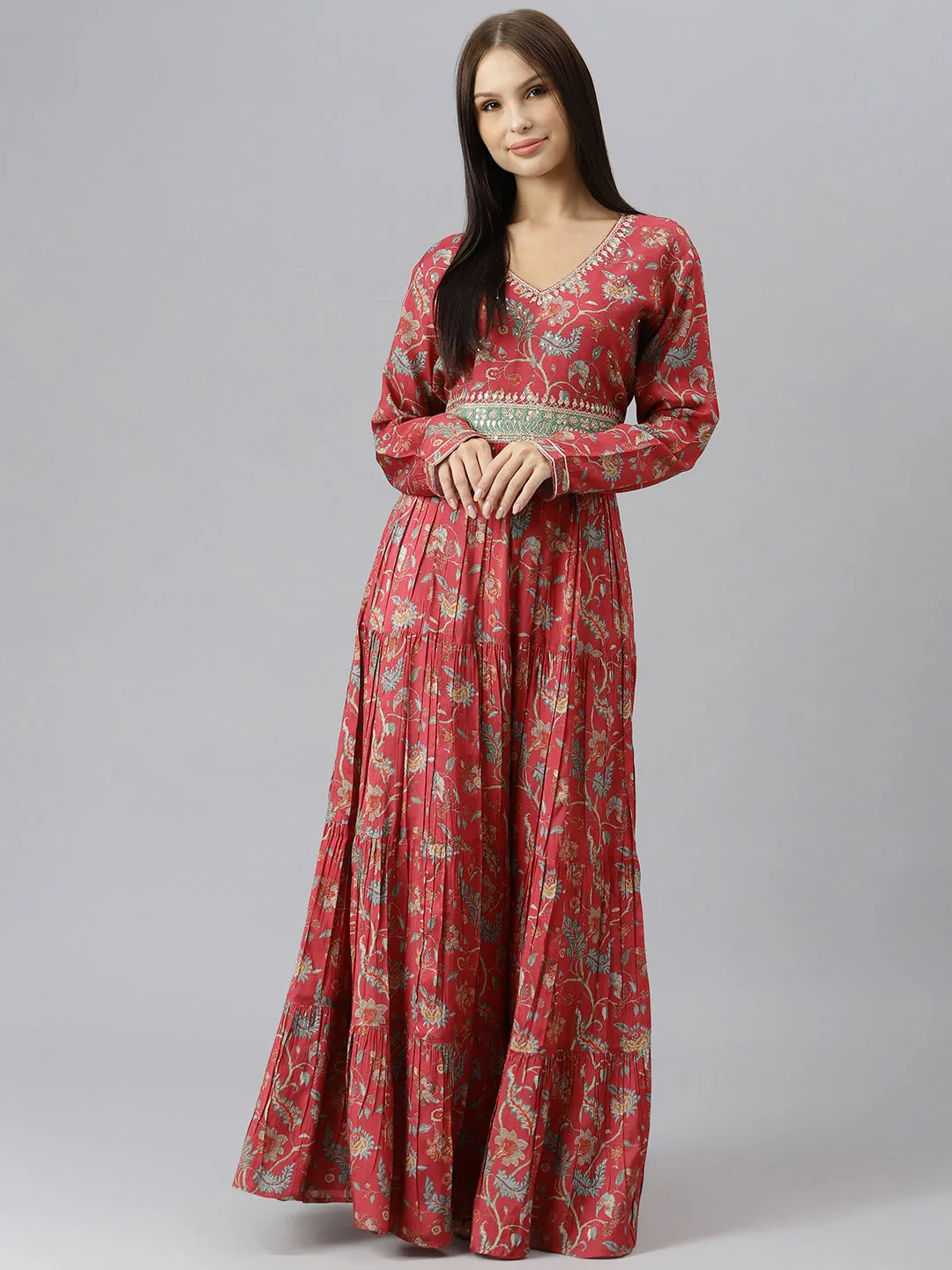 Women Maroon Floral Printed Muslin Flared Gown