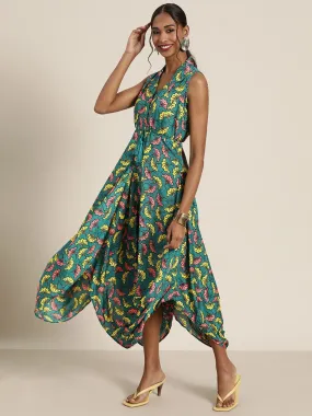 Women Teal Floral Shirt Collar Dhoti Dress