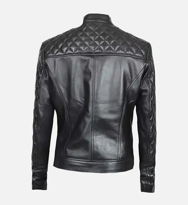 Women's Cafe Racer Slim Fit Quilted Black Leather Jacket