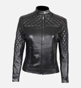 Women's Cafe Racer Slim Fit Quilted Black Leather Jacket