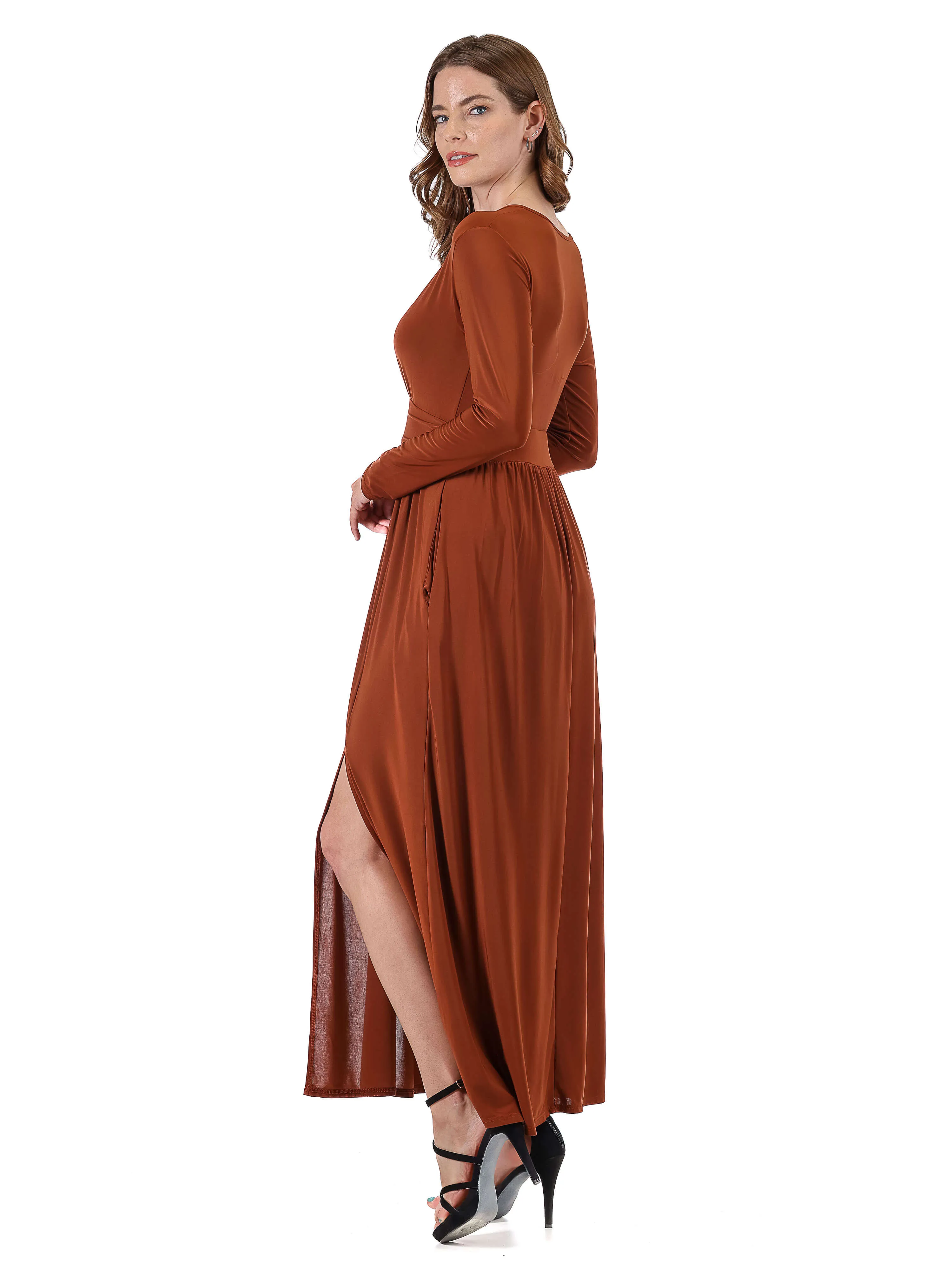 Womens Long Sleeve V Neck Side Slit Maxi Dress