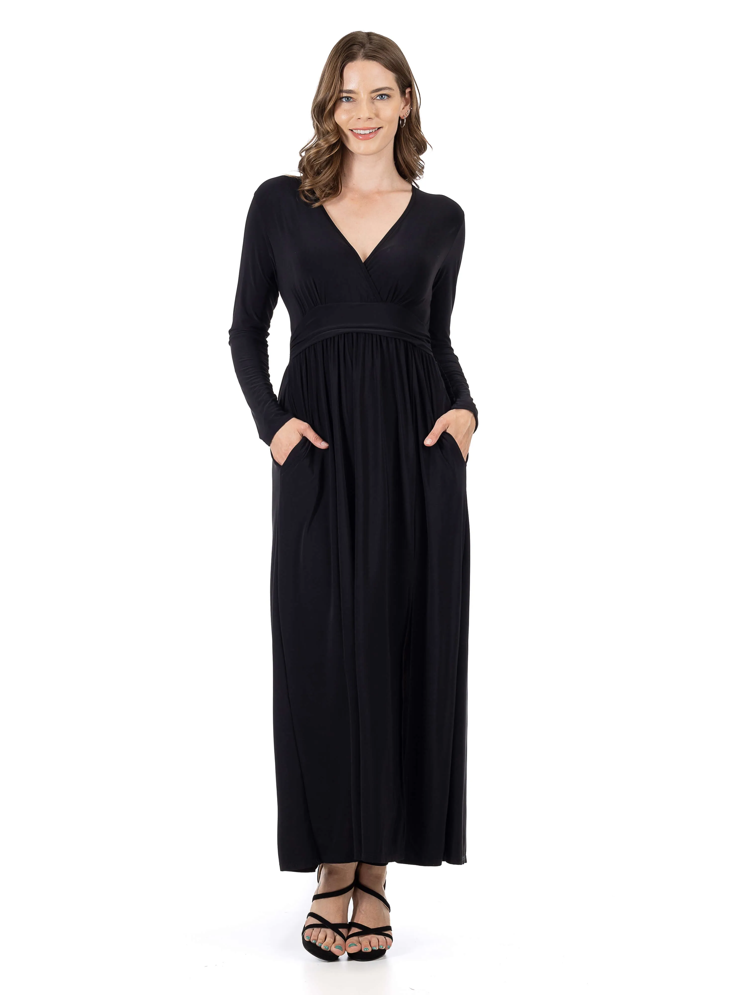 Womens Long Sleeve V Neck Side Slit Maxi Dress