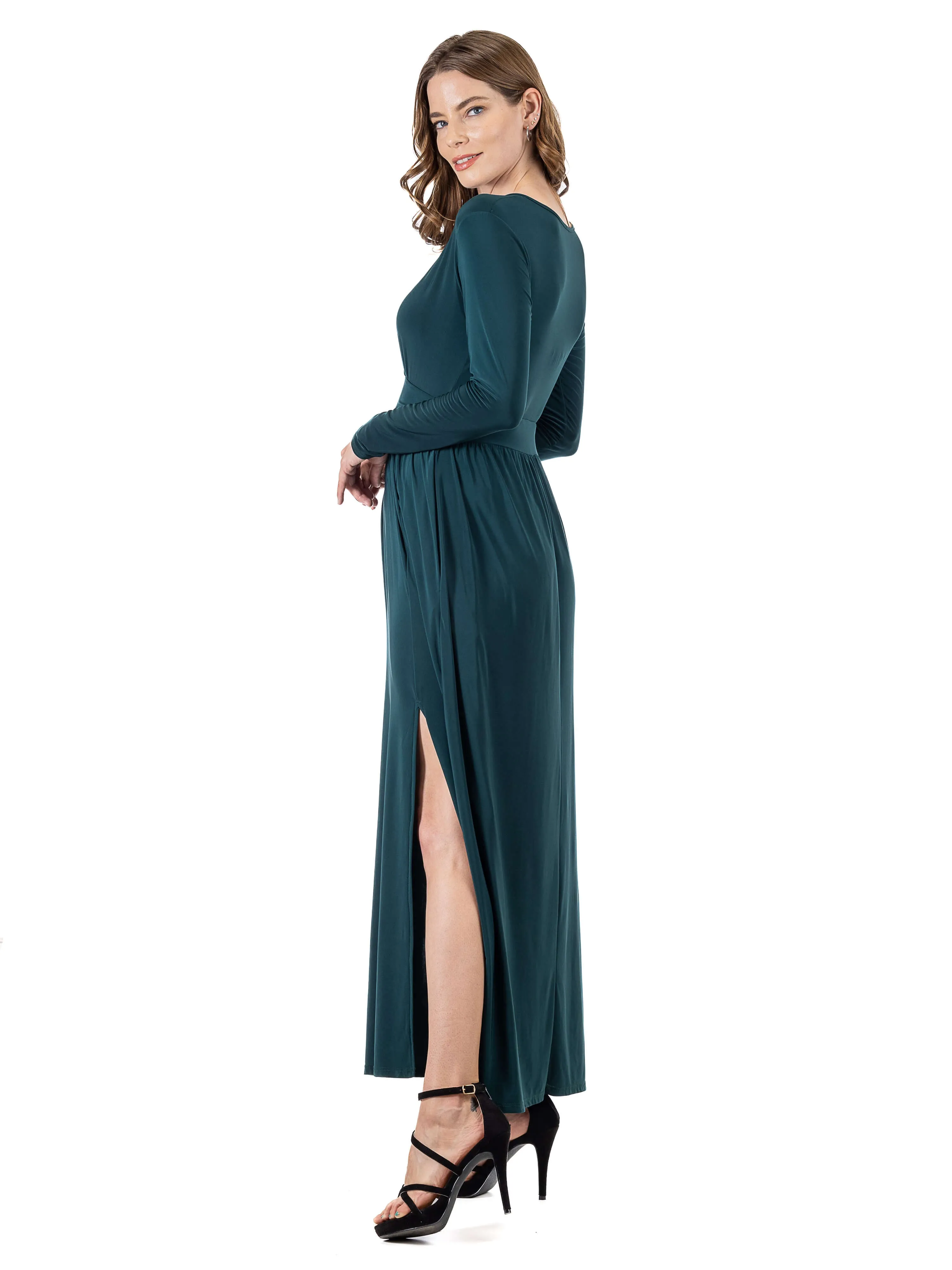 Womens Long Sleeve V Neck Side Slit Maxi Dress