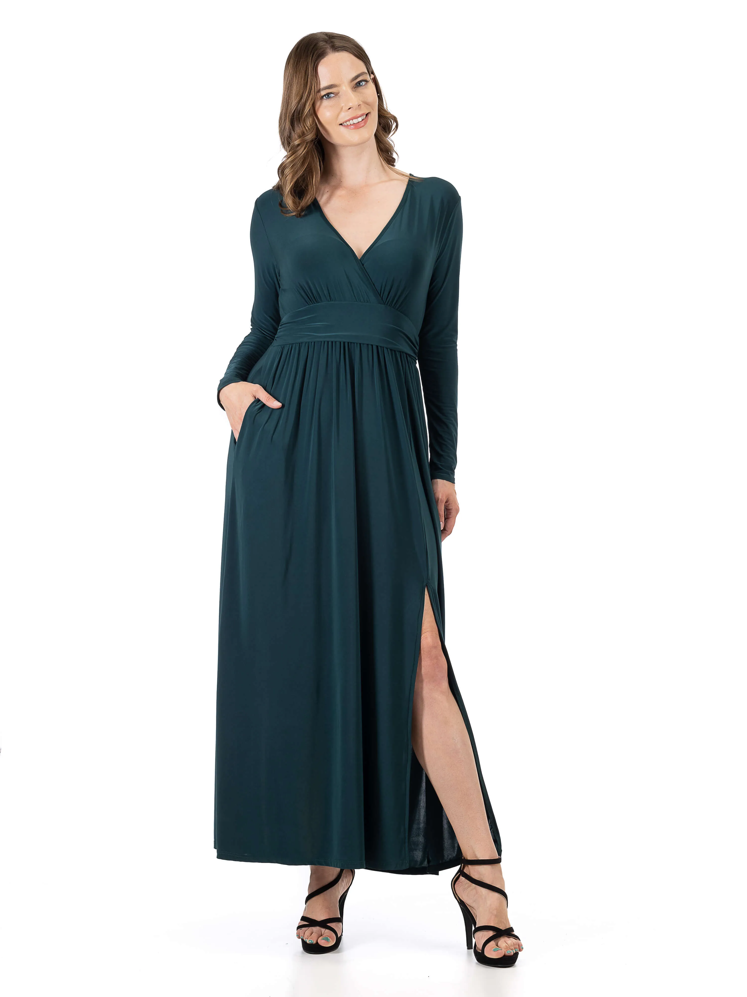 Womens Long Sleeve V Neck Side Slit Maxi Dress