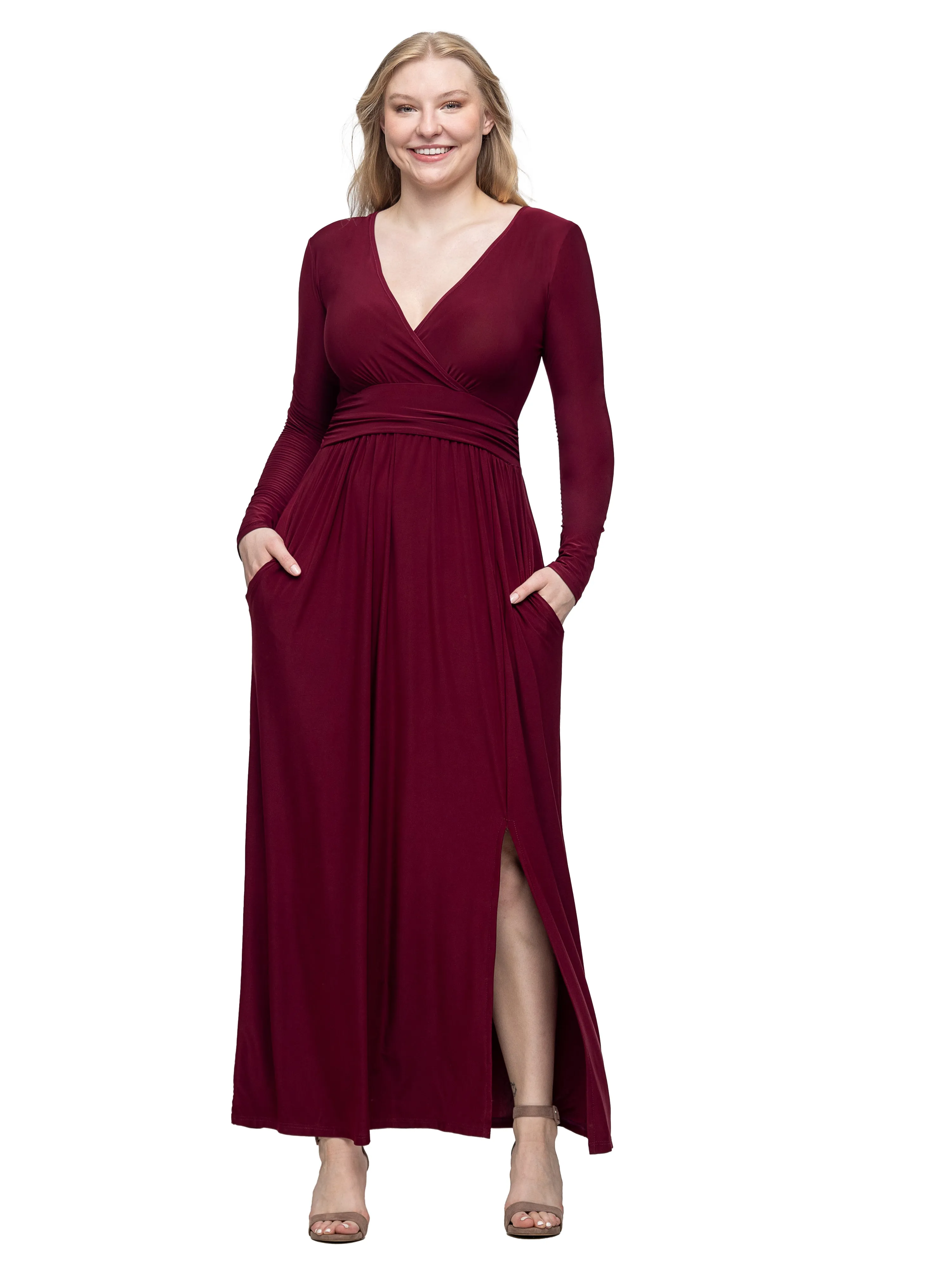 Womens Long Sleeve V Neck Side Slit Maxi Dress