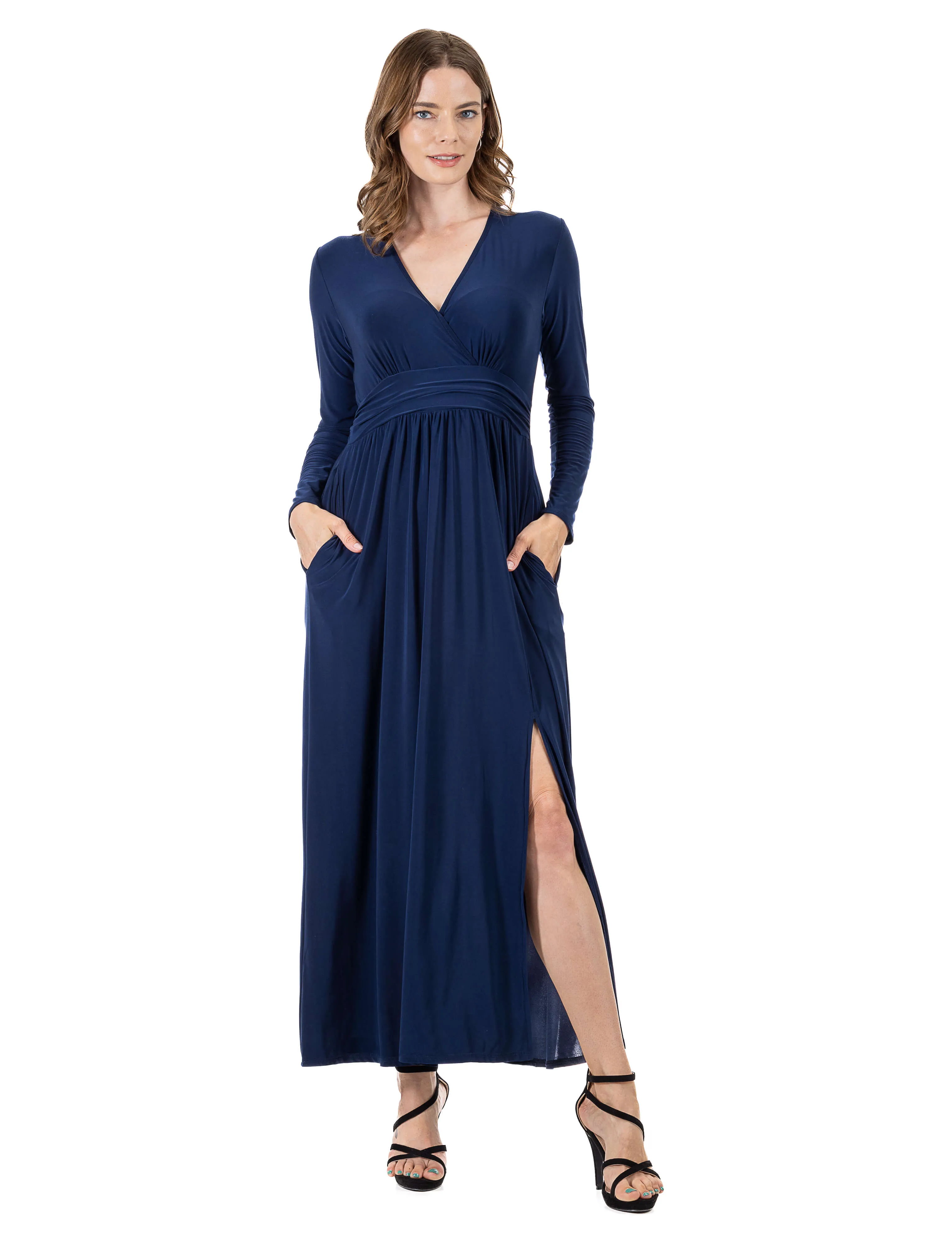 Womens Long Sleeve V Neck Side Slit Maxi Dress