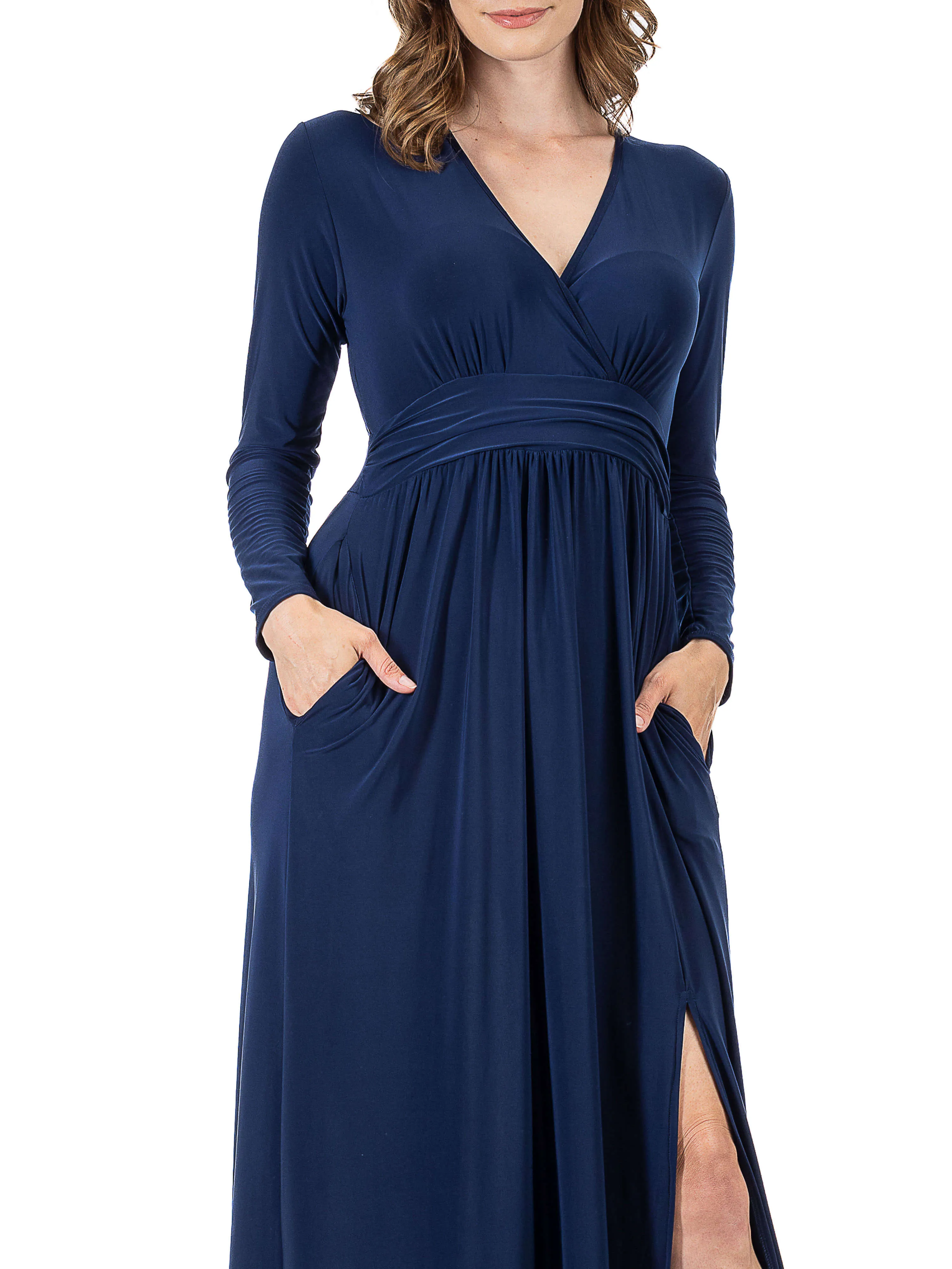 Womens Long Sleeve V Neck Side Slit Maxi Dress