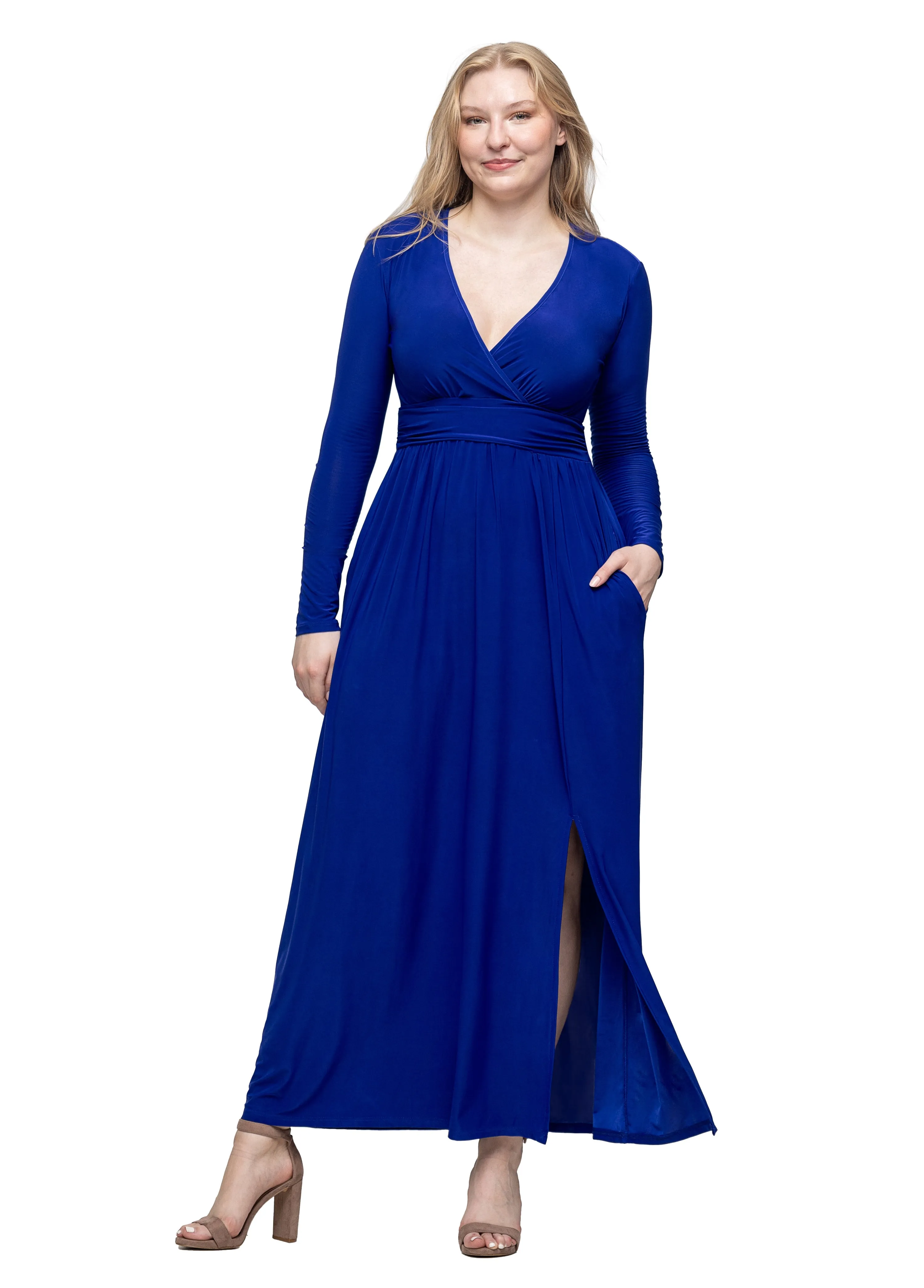 Womens Long Sleeve V Neck Side Slit Maxi Dress