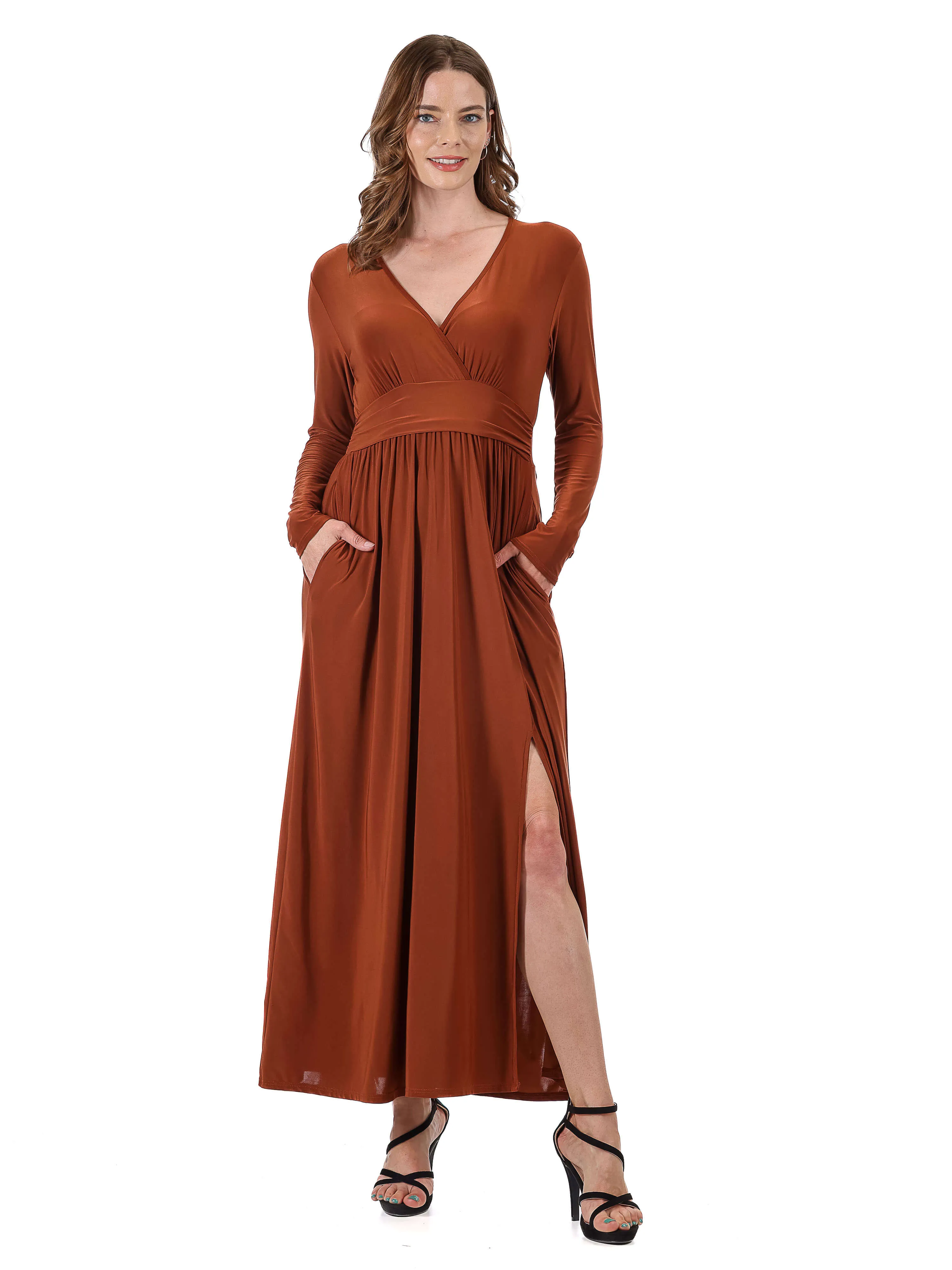 Womens Long Sleeve V Neck Side Slit Maxi Dress