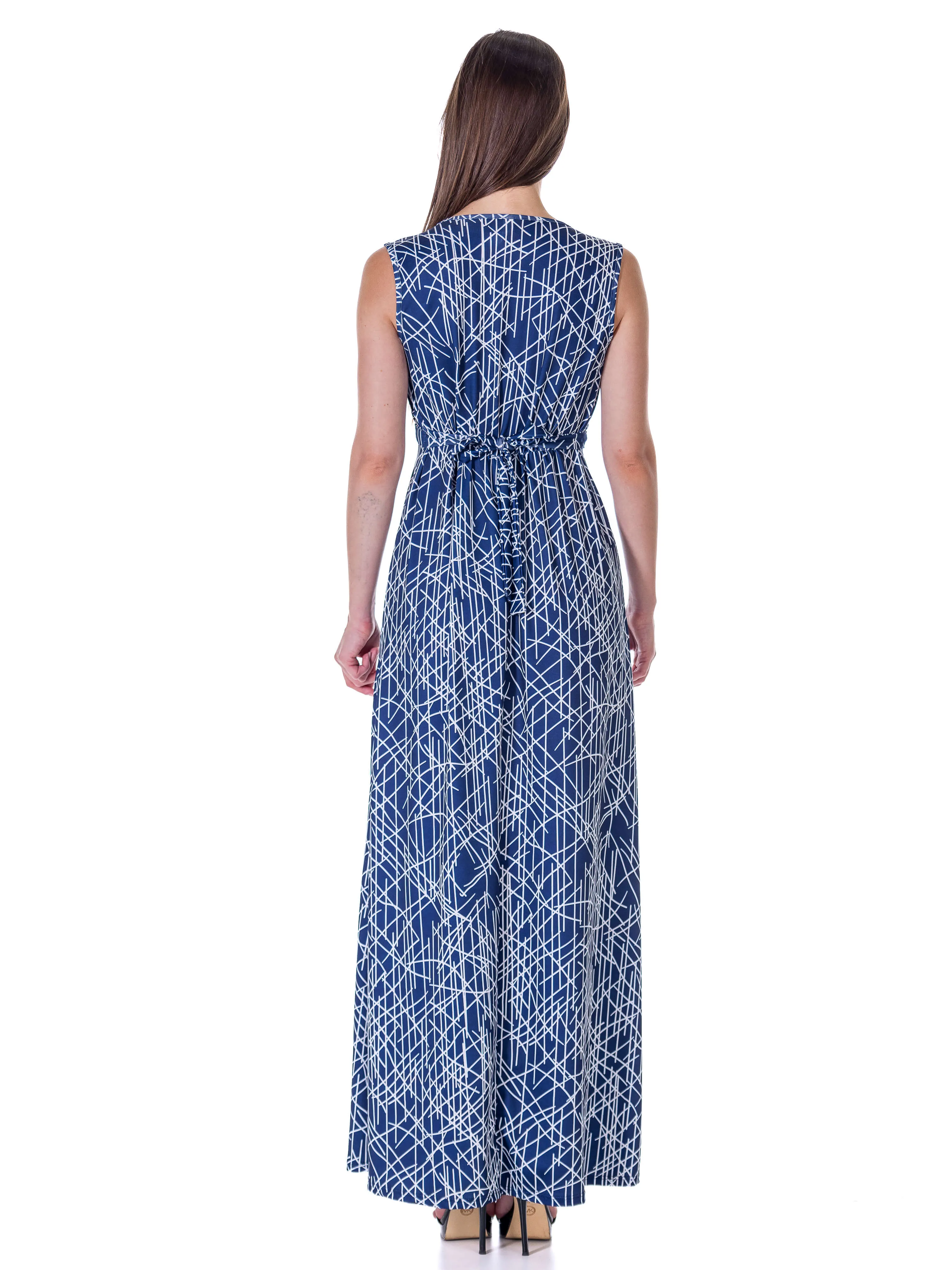 Womens Navy Abstract  Print V Neck Empire Waist Sleeveless Maxi Dress