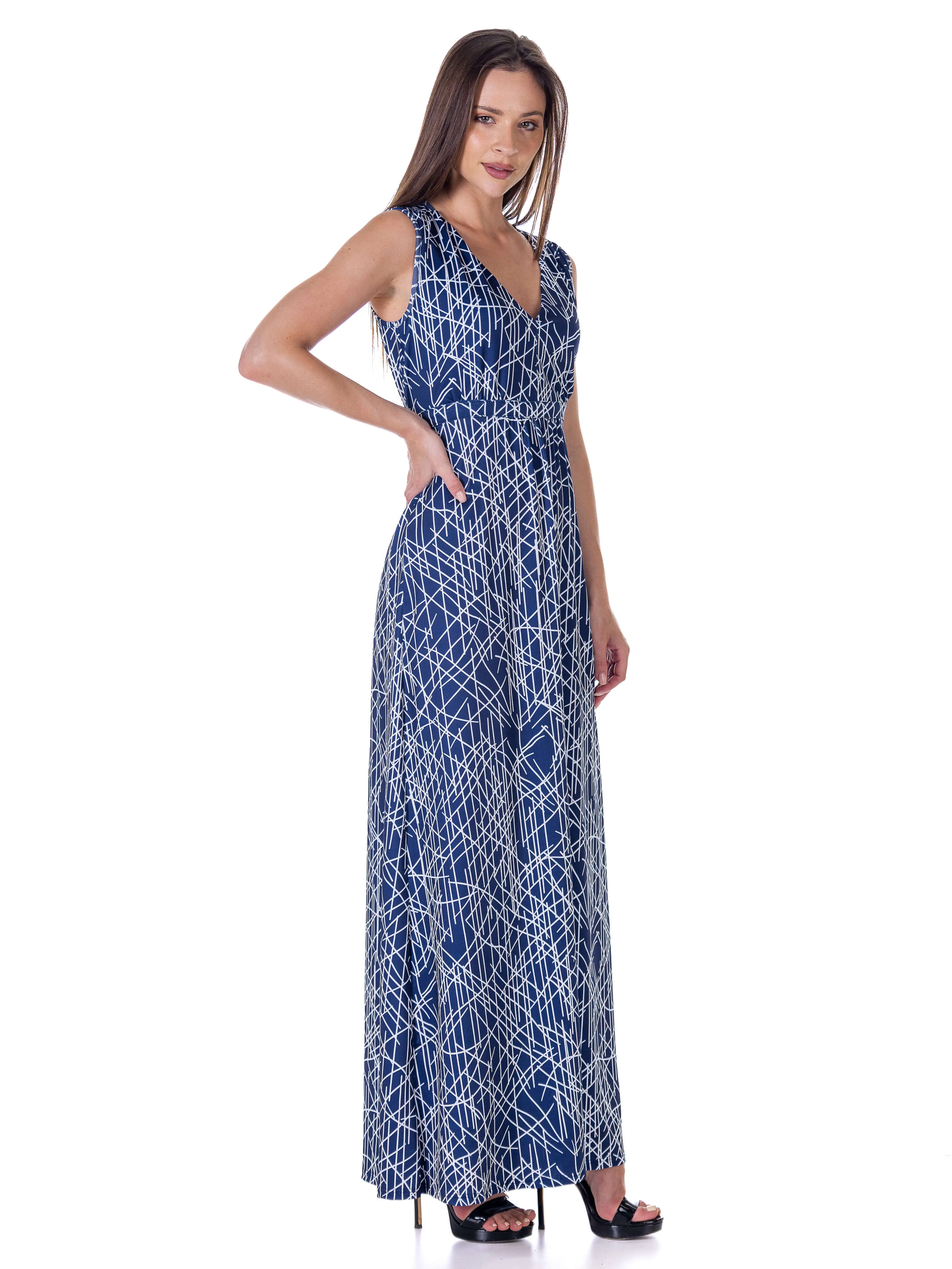 Womens Navy Abstract  Print V Neck Empire Waist Sleeveless Maxi Dress