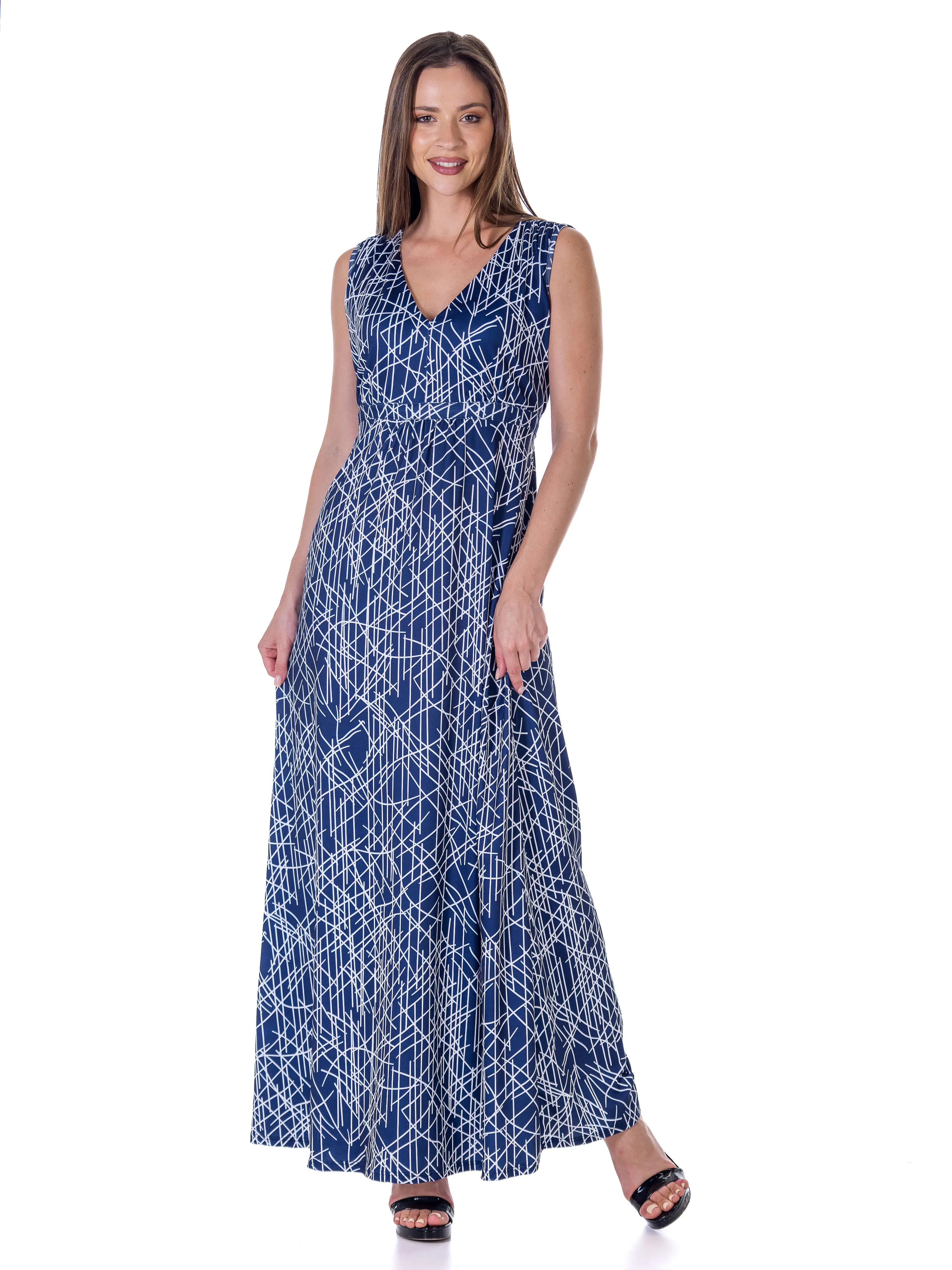 Womens Navy Abstract  Print V Neck Empire Waist Sleeveless Maxi Dress