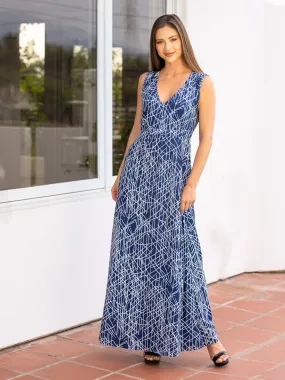 Womens Navy Abstract  Print V Neck Empire Waist Sleeveless Maxi Dress