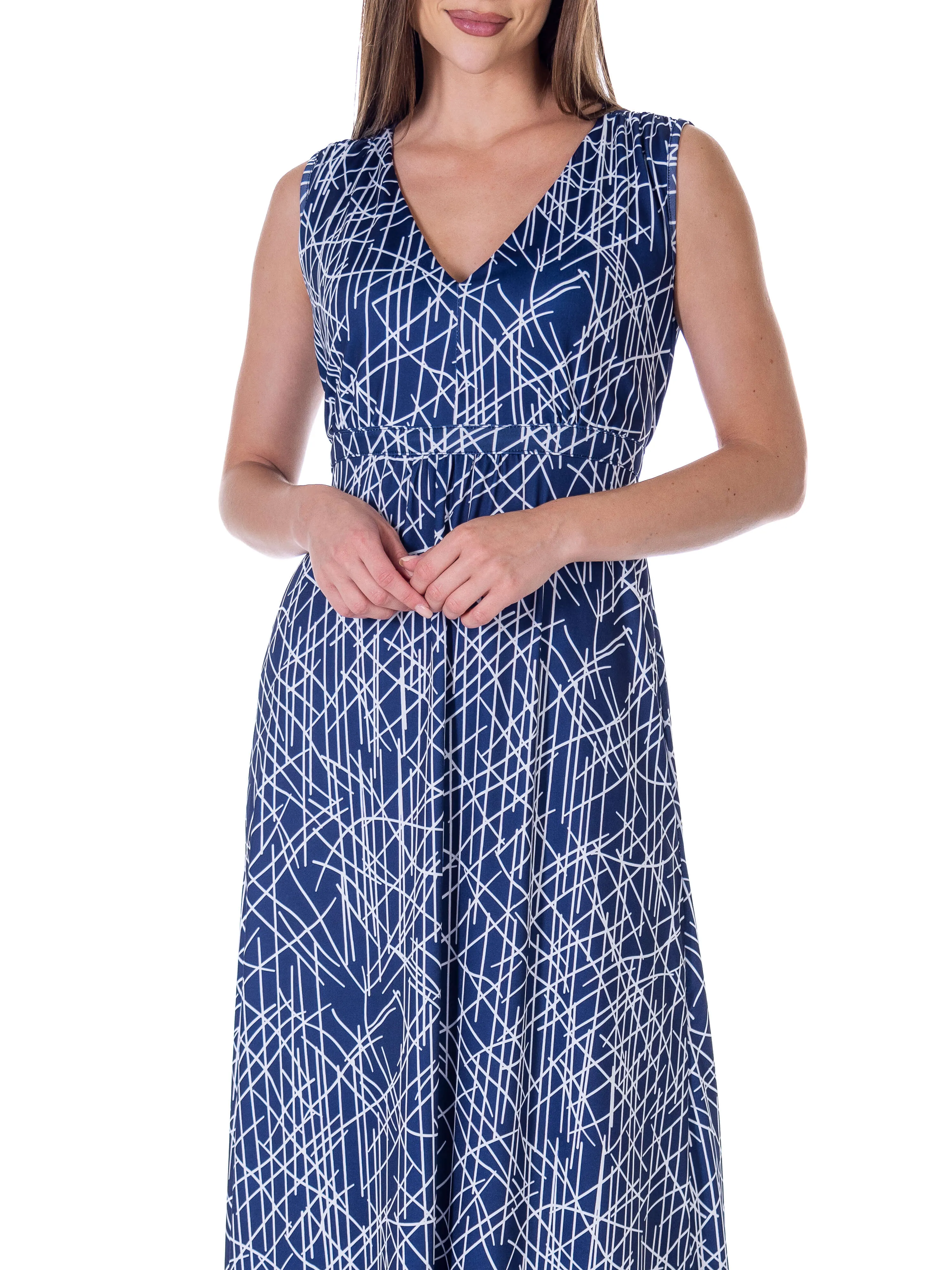 Womens Navy Abstract  Print V Neck Empire Waist Sleeveless Maxi Dress