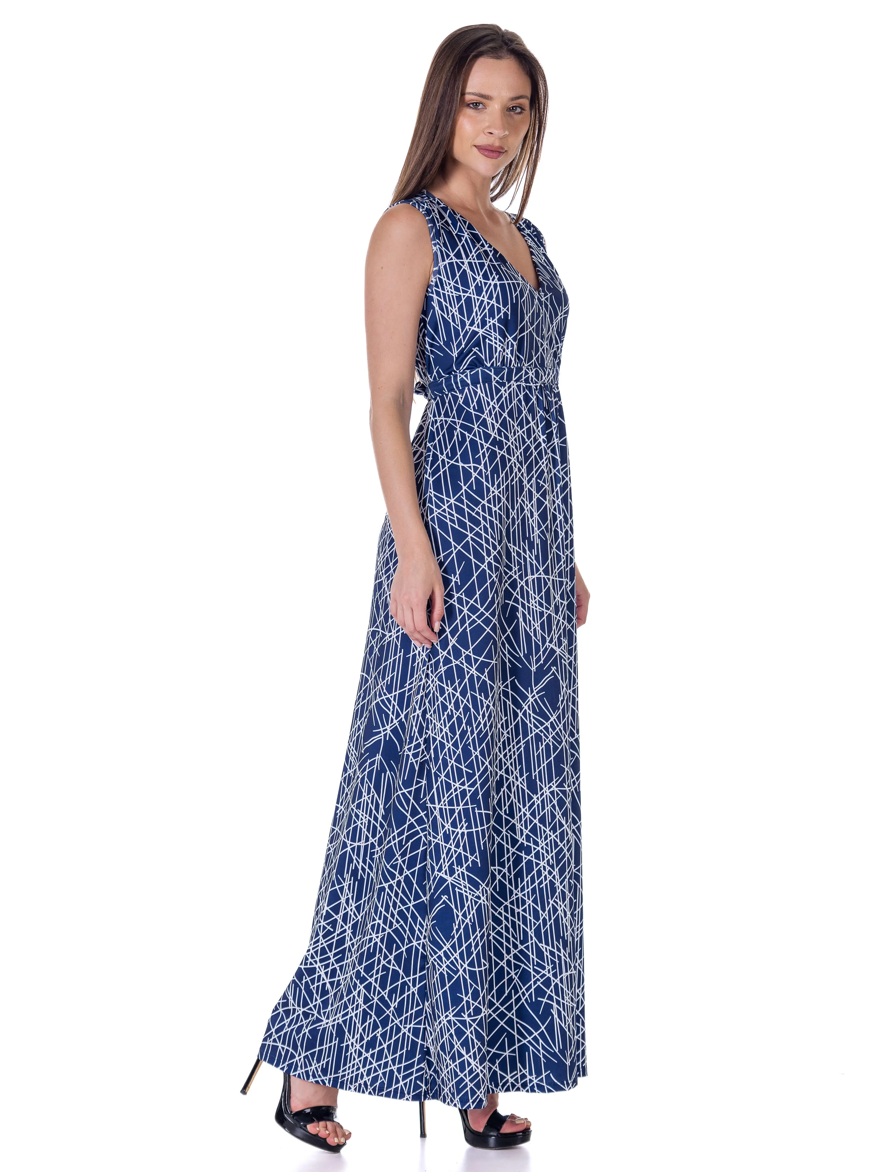 Womens Navy Abstract  Print V Neck Empire Waist Sleeveless Maxi Dress