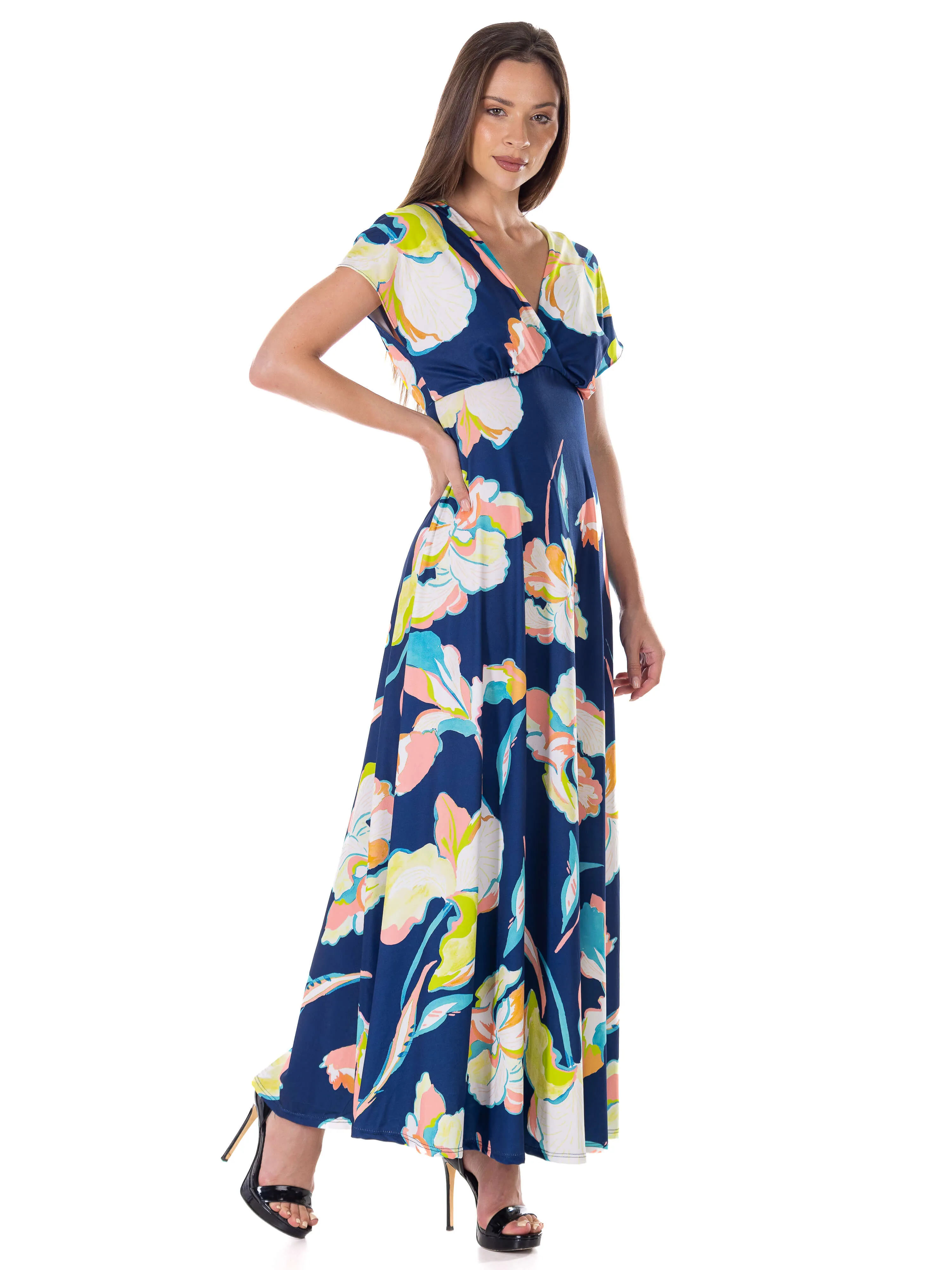 Womens Navy Floral Print V Neck Empire Waist Kimono Cap Sleeve Maxi Dress