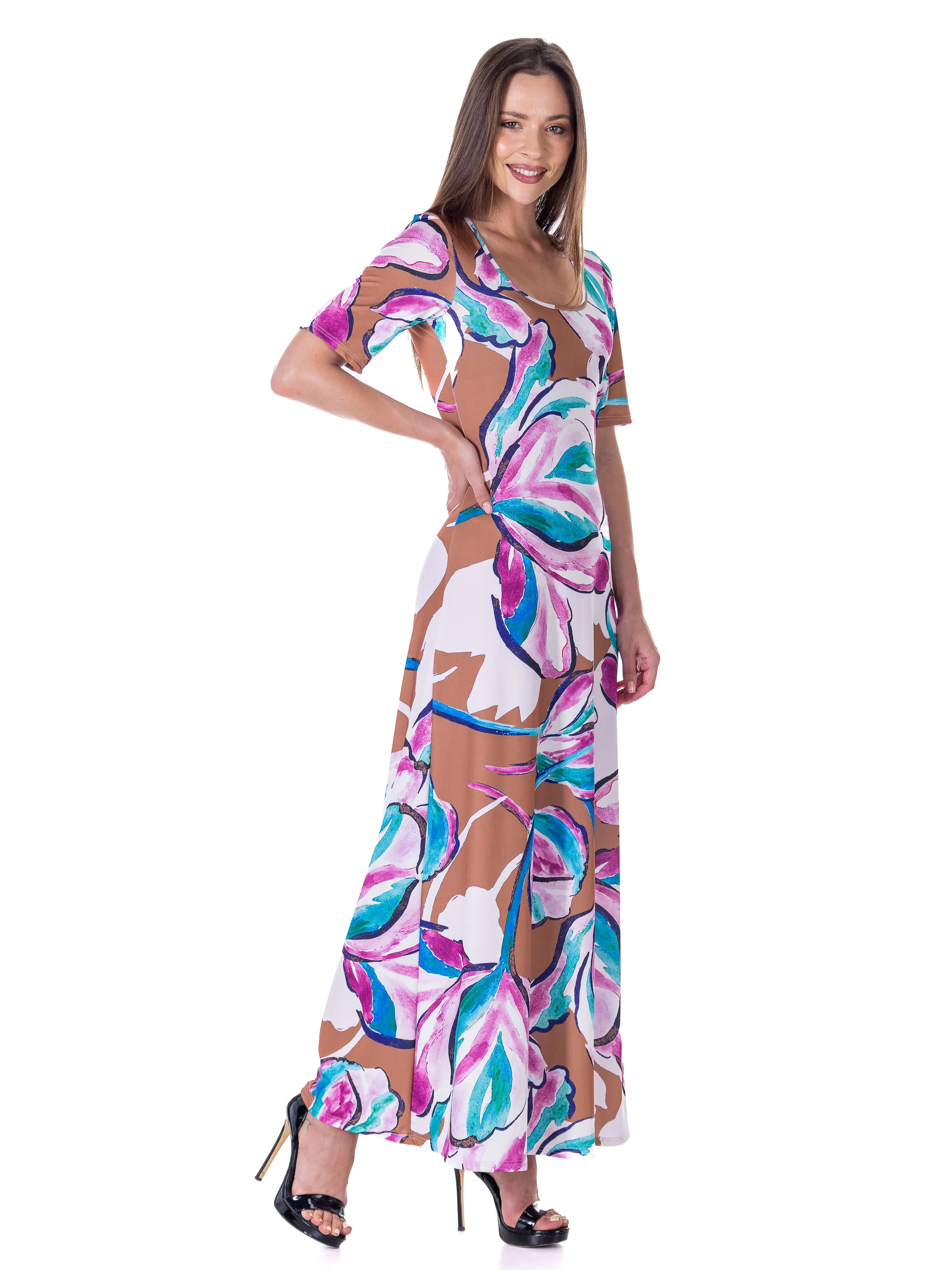 Womens Pink Floral Elbow Sleeve Casual A Line Maxi Dress