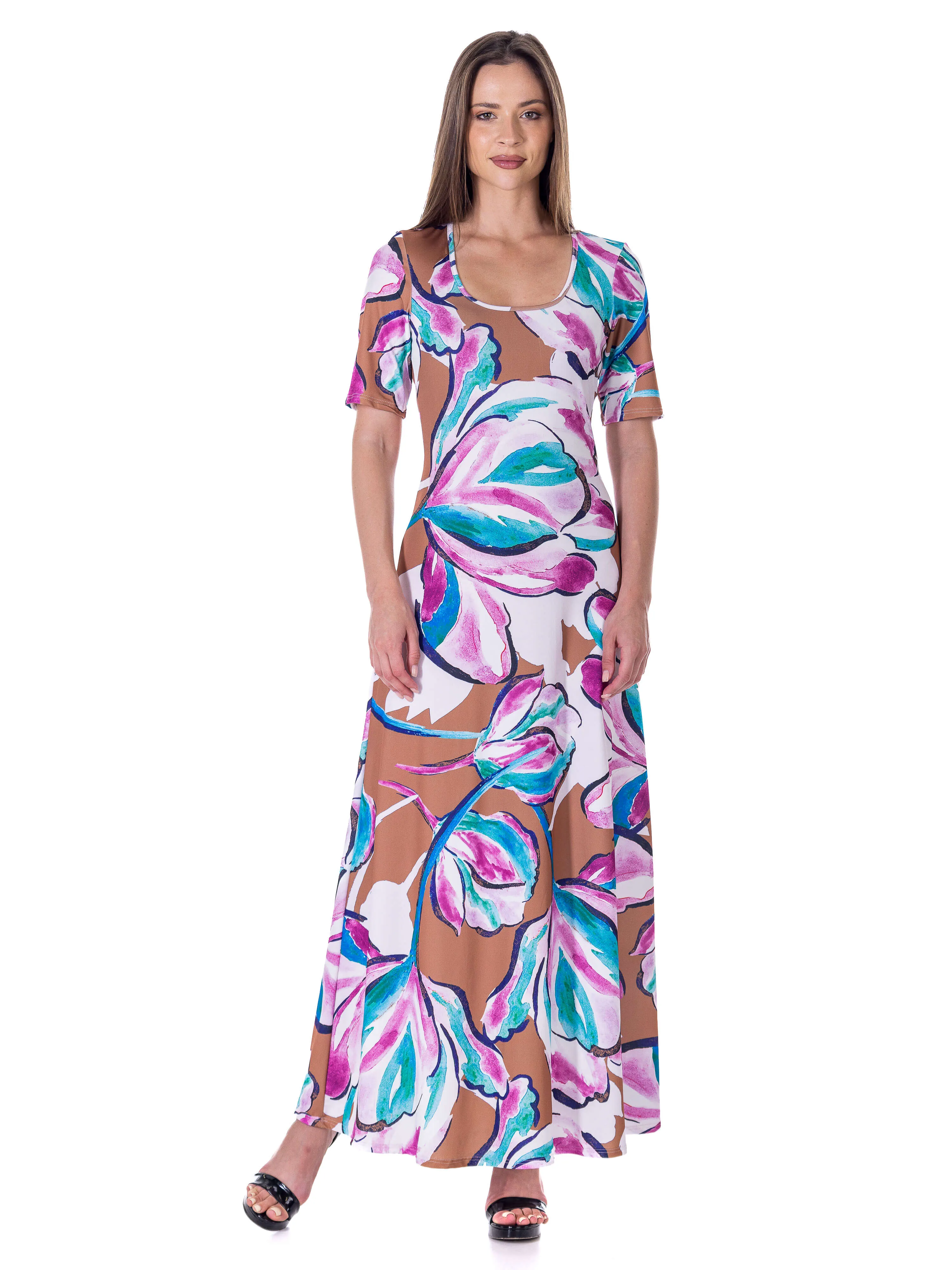 Womens Pink Floral Elbow Sleeve Casual A Line Maxi Dress