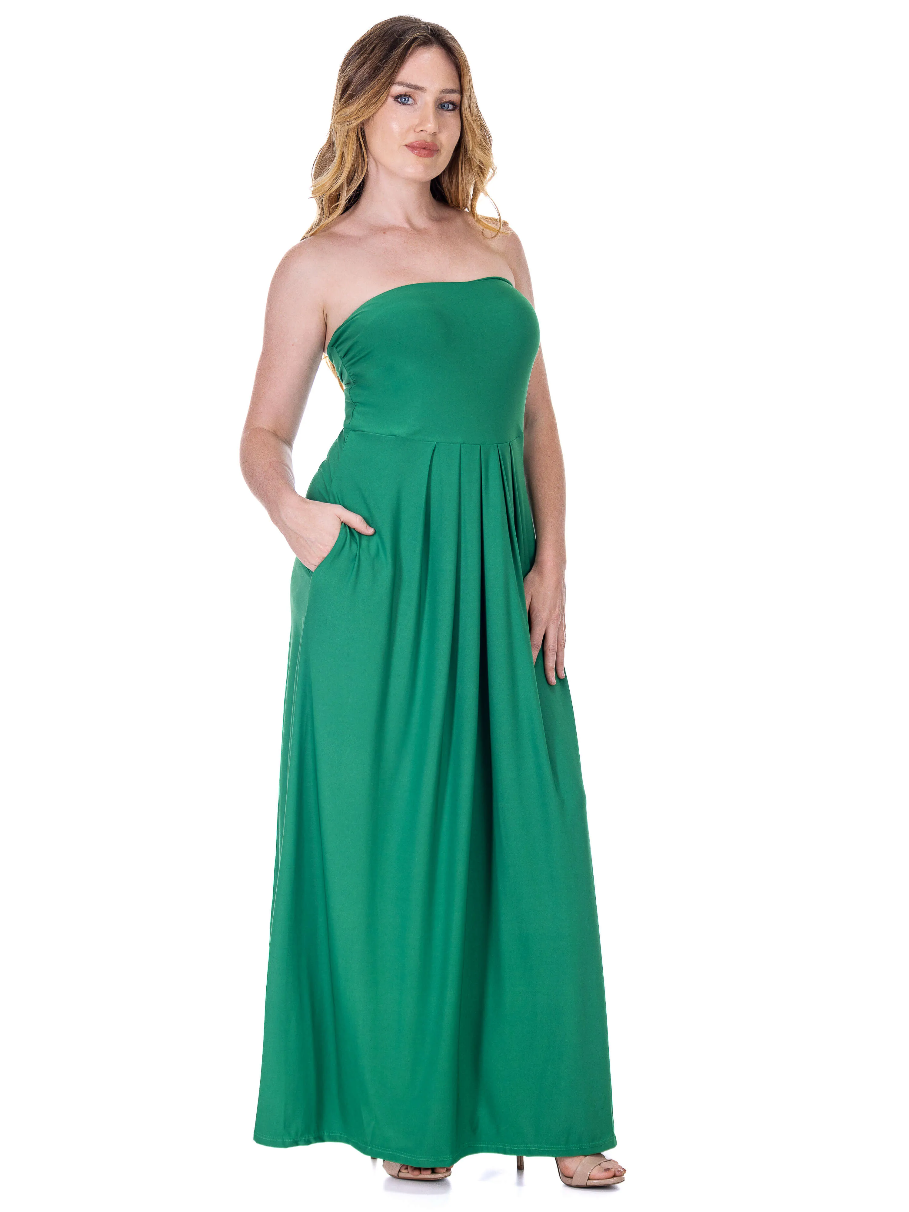 Womens Pleated A Line Strapless Maxi Dress With Pockets