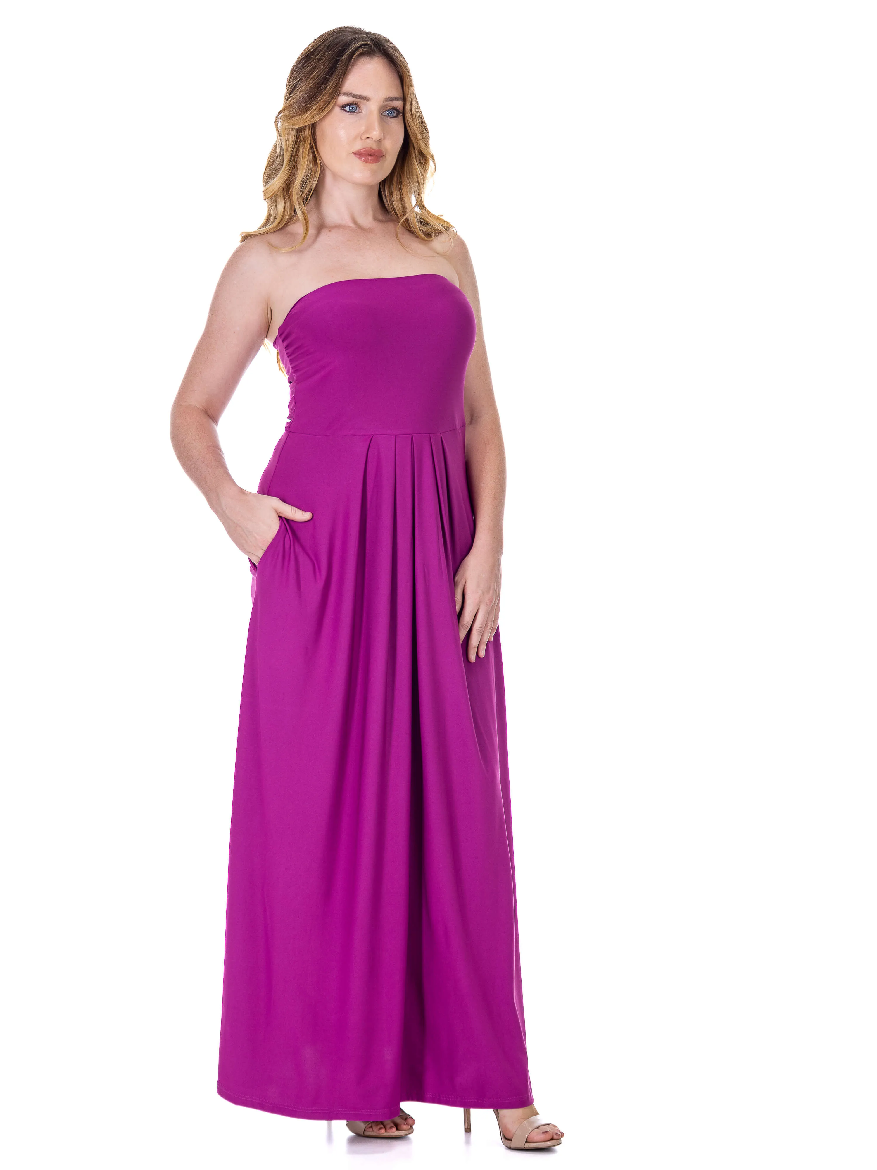 Womens Pleated A Line Strapless Maxi Dress With Pockets