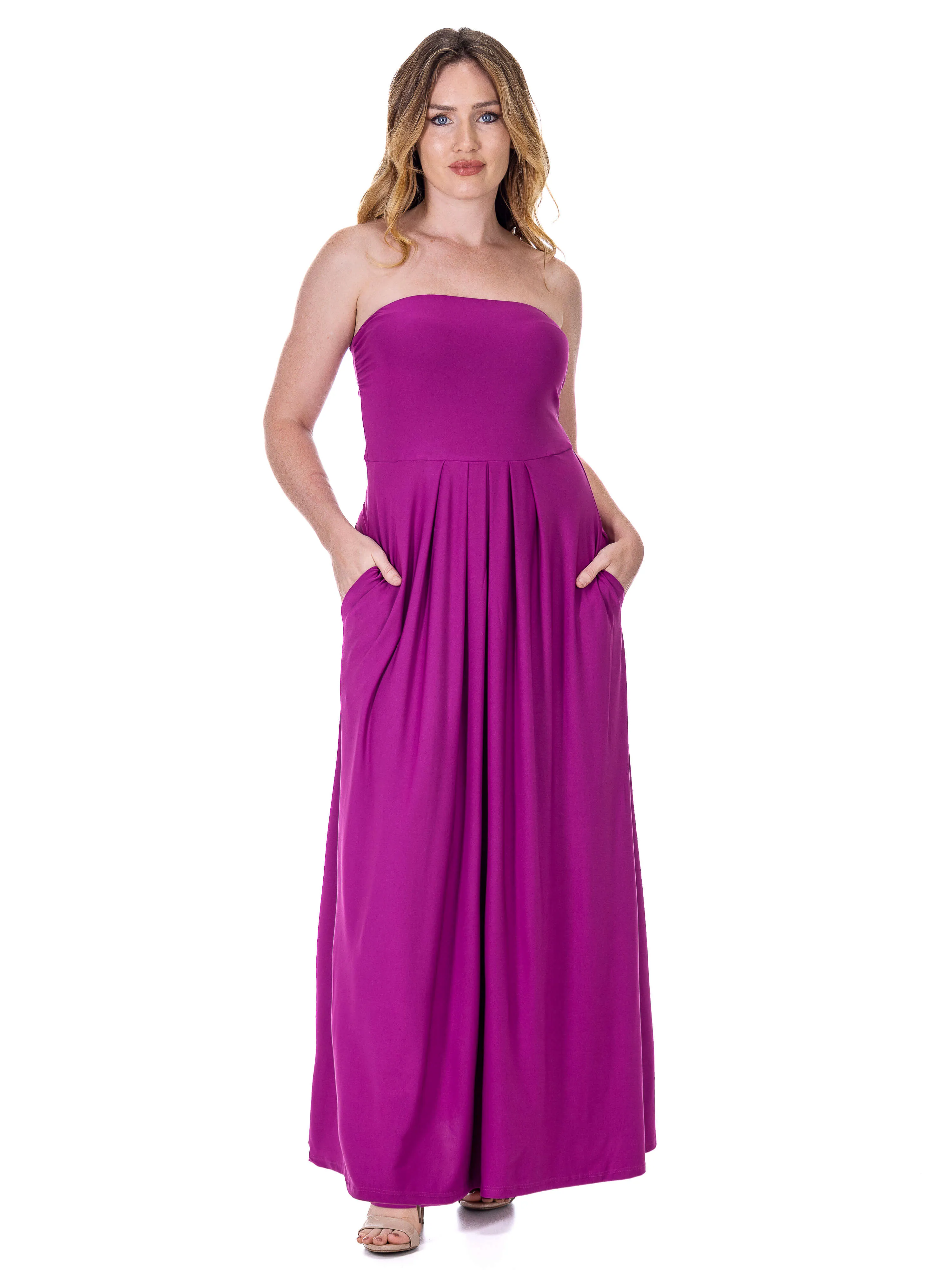 Womens Pleated A Line Strapless Maxi Dress With Pockets