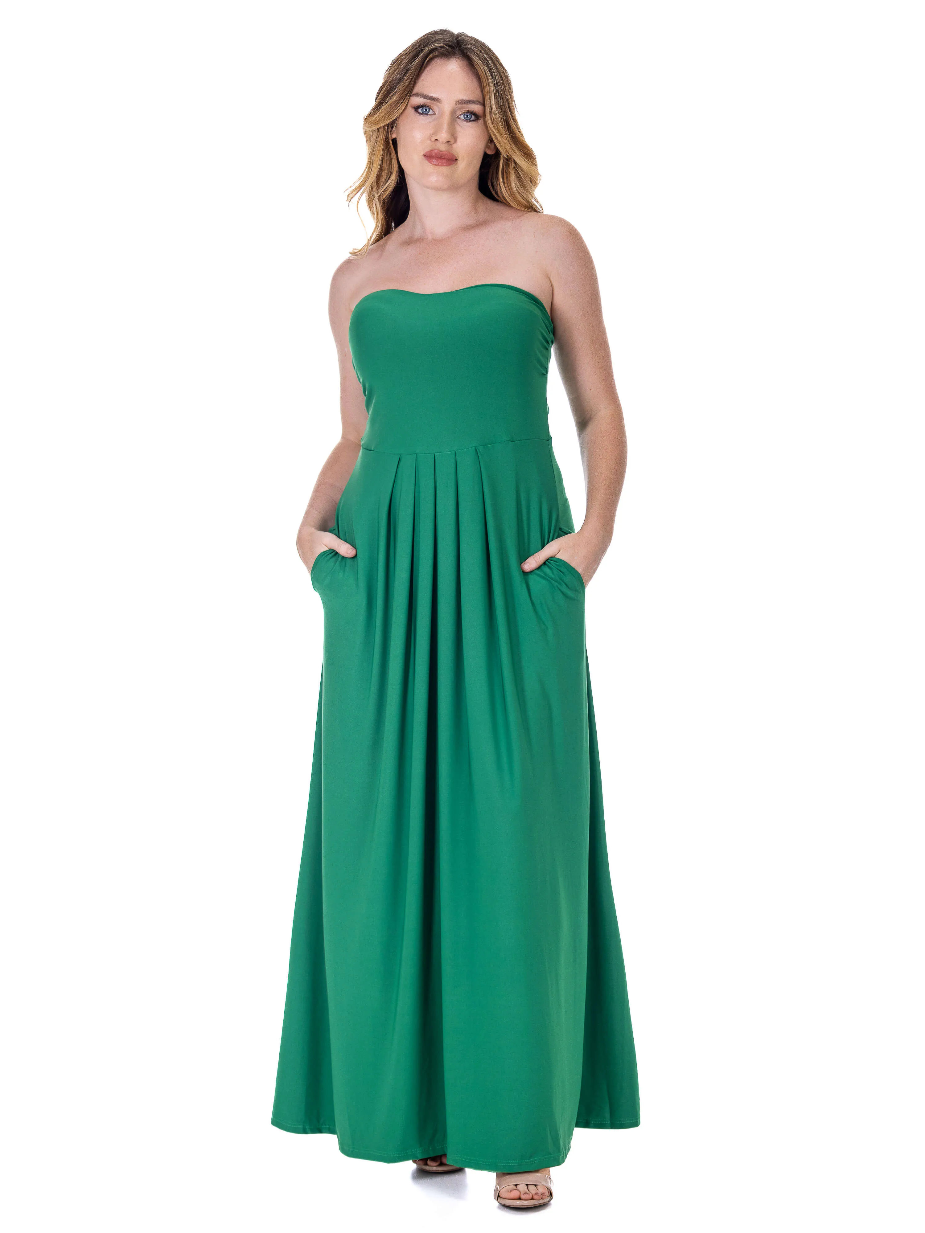 Womens Pleated A Line Strapless Maxi Dress With Pockets