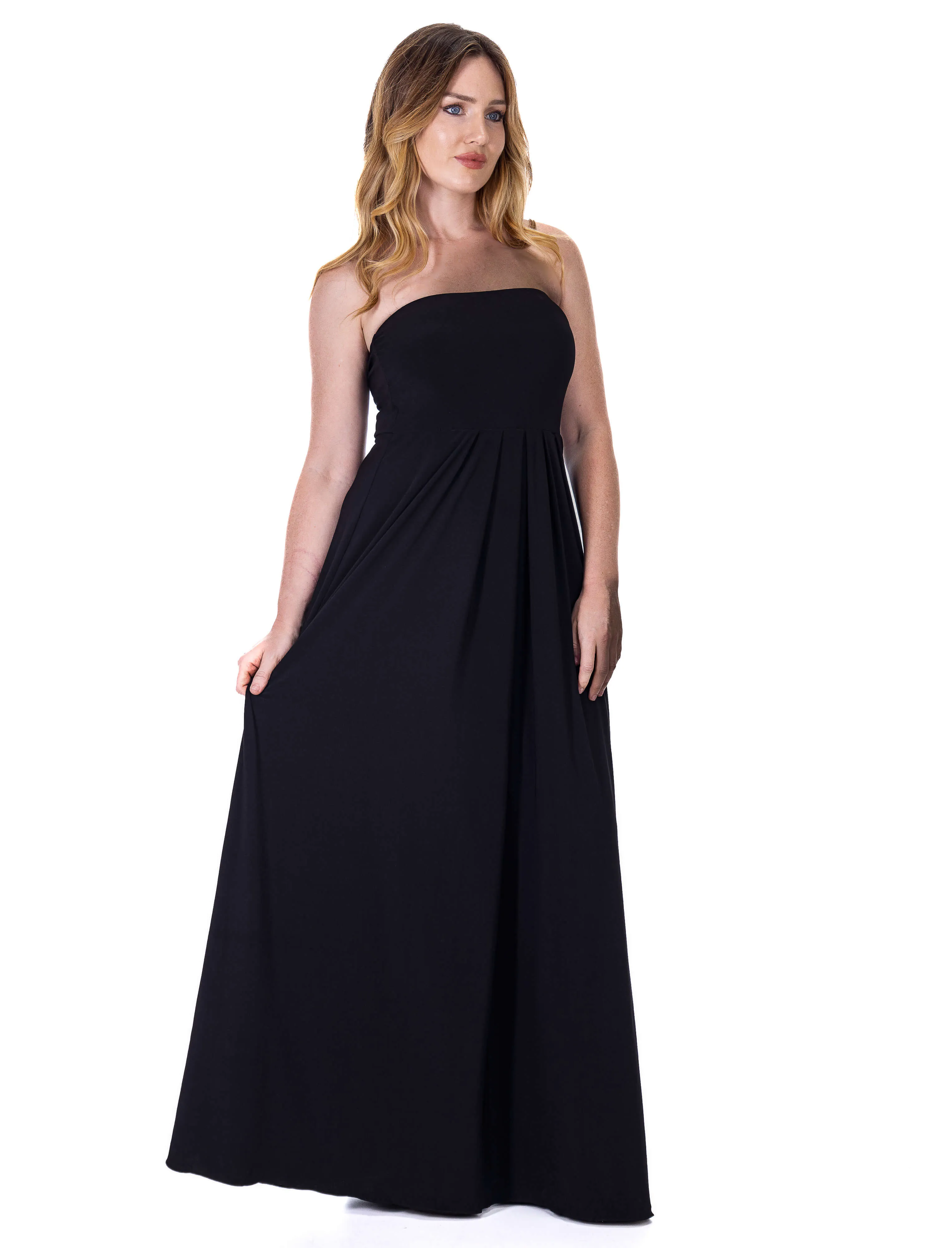 Womens Pleated A Line Strapless Maxi Dress With Pockets