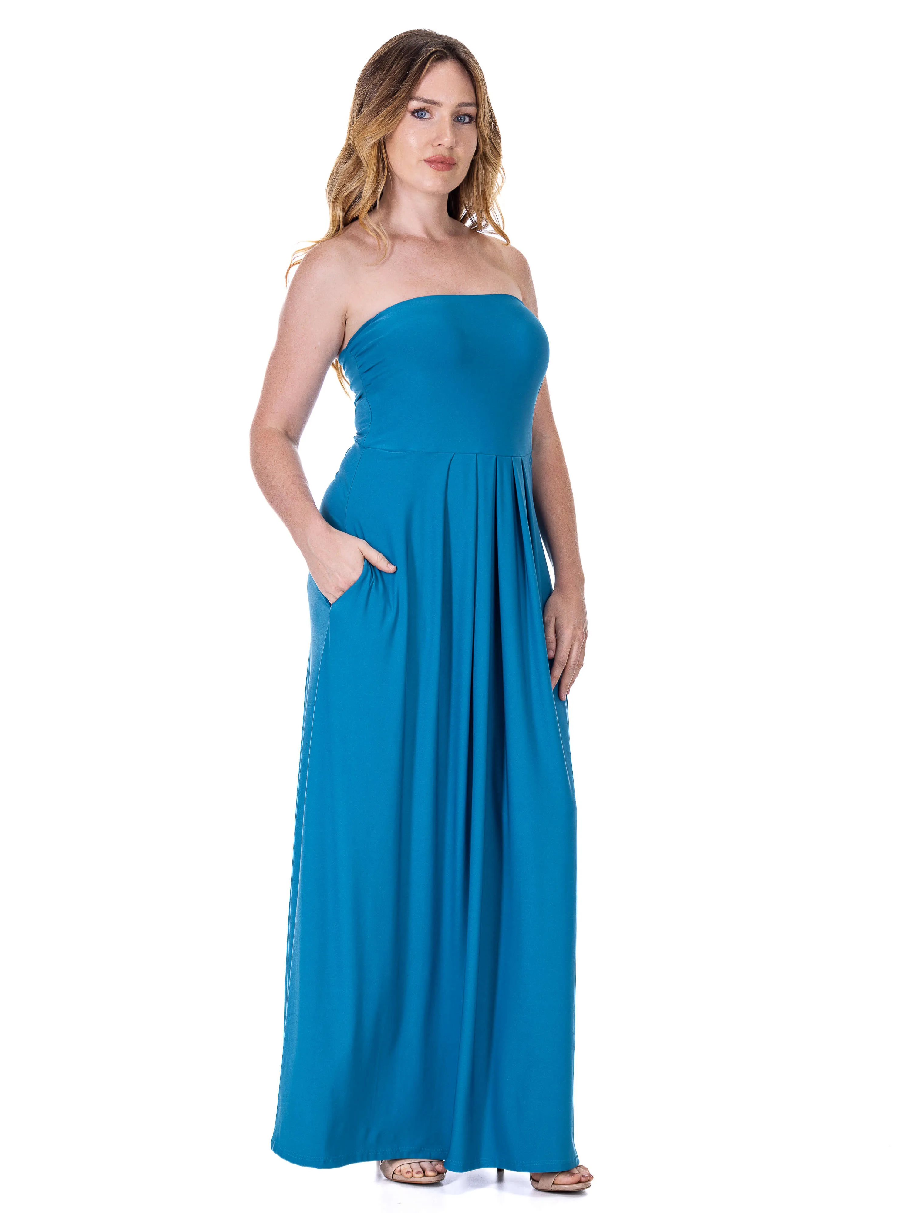 Womens Pleated A Line Strapless Maxi Dress With Pockets